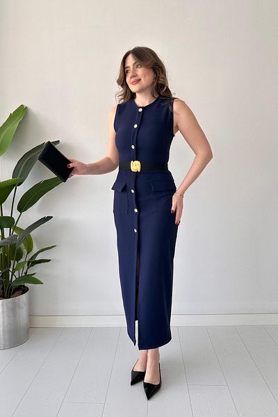 MaziButik Albastru închis veste detaliat cu centura Tastep fără a recomanda