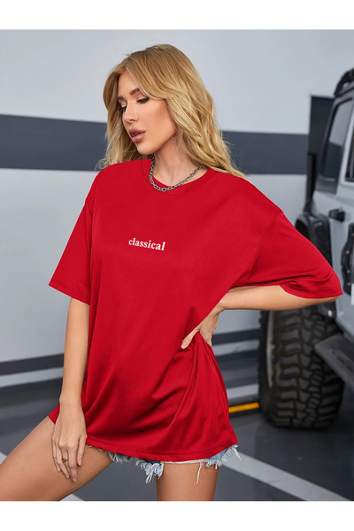 Trend Sizde Women's Red Classical Front Printed Oversize T-Shirt