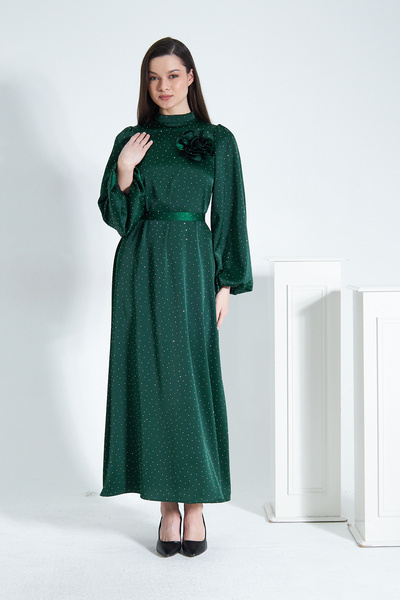 Azeem Rose - Taşlı Saten Tesettür Abiye Elbise, Mezuniyet, Nişan, Düğün, Söz Elbisesi