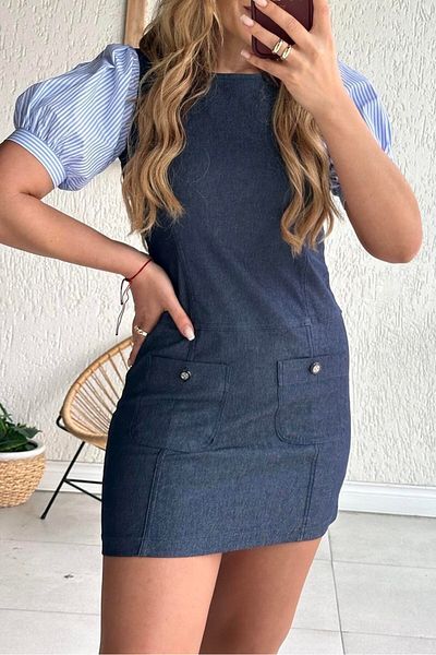 Suzi Mini Denim Dress with Poplin Fabric Sleeves 29903