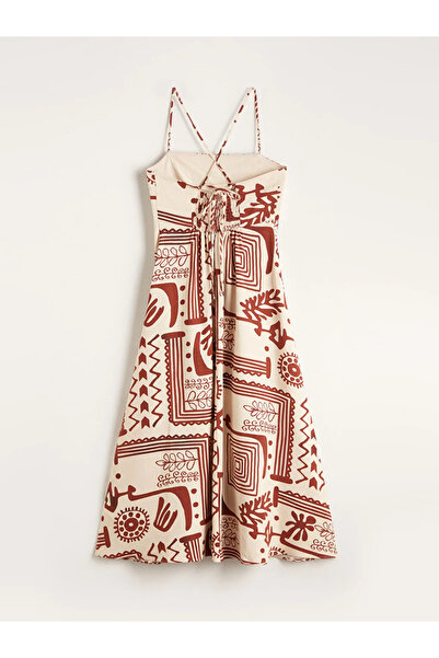 LC Waikiki Lcw Vision Ecru Square Neck Patterned Linen Blend Dress