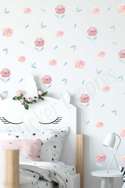 Sticker Ekspres Pink Flowers and Leaves Kids Room Wall Sticker Set