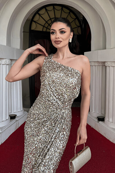 giyimmasalı Payet Kumaş Tek Kol Kalem Elbise - GOLD
