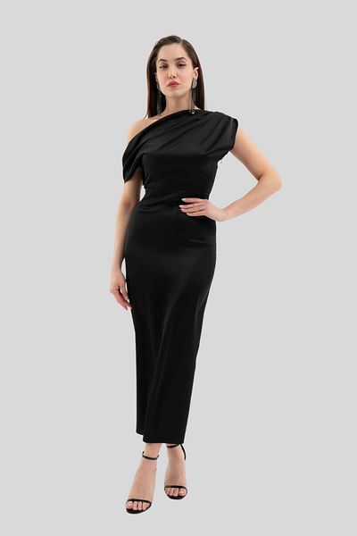 ZISHAN Chandelier Collar Midi Length Slit Detailed Satin Women's Evening Dress 1085