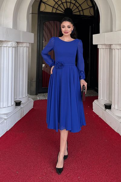 giyimmasalı Sifon Fabric Floral Detailed Midi Dress - Saks Blue