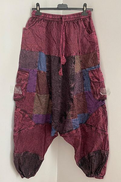 AYASOFYA OTANTIK Unisex Nepalese Burgundy Ethnic Pattern Loose Bohemian Baggy Trousers with Elastic Waist and Legs Cargo Pockets