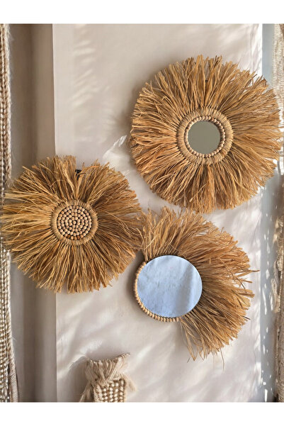 AYZ HOME 3Lü Aynalı Rafya Duvar Süsü-Ham Dığal Ahşap Boncuklu Duvar Dekor