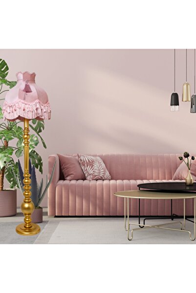 Genel Markalar Vintage Ahşap Gold Ayak Pudra Pembe Lambader Püskül Süsleme 170x45cm Lm10422