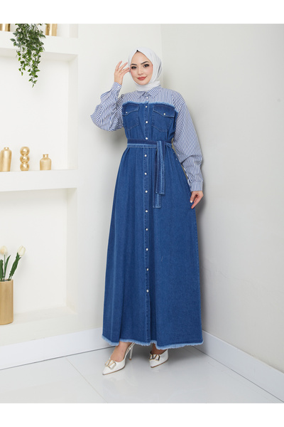 VOLT CLOTHİNG Γυναικείο ριγέ πουκάμισο με λεπτομέρεια τζιν φόρεμα