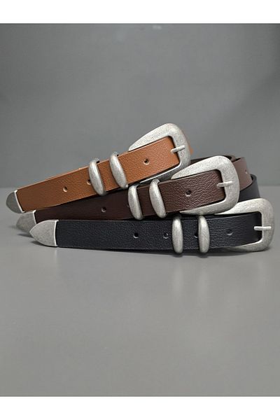 Kemerix 100% Genuine Leather Pewter Coated Suit Buckle Black-Tan-Angle Brown 3-Piece Belt Set
