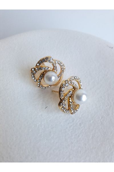 BHR AKSESUAR Gold Zircon Cubic Zirconia Pearl Flower Earrings