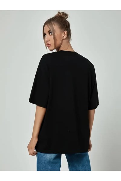 Trend Sizde Women's Black Artistic Star Front Printed Oversize T-Shirt