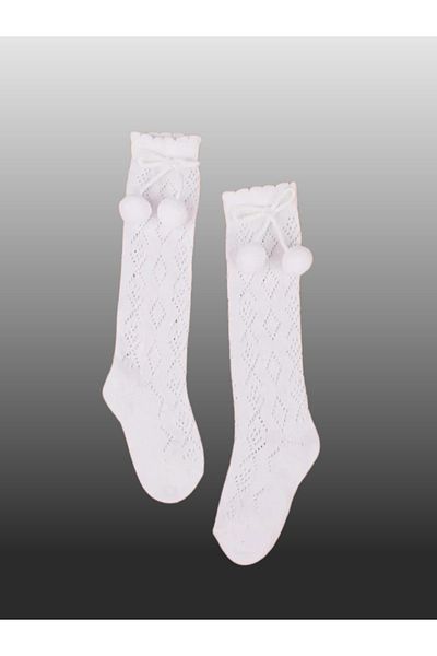 KIPIRIK BABY 1 Pack Baby Girl Pom Pom Ribbon Detailed Knee Socks Cream