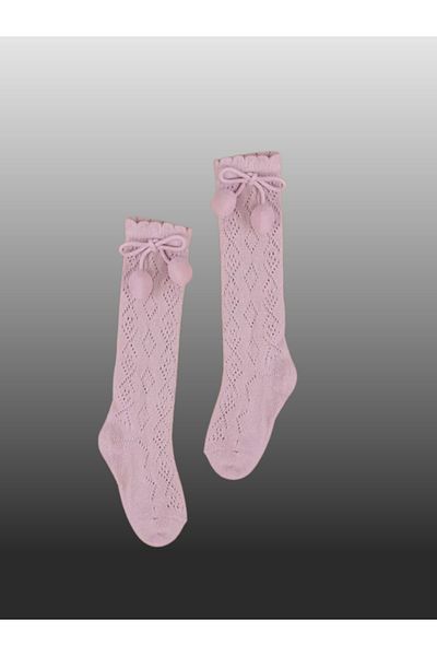 KIPIRIK BABY 1 Pack Baby Girl Pom Pom Ribbon Detailed Knee Socks Dusty Rose