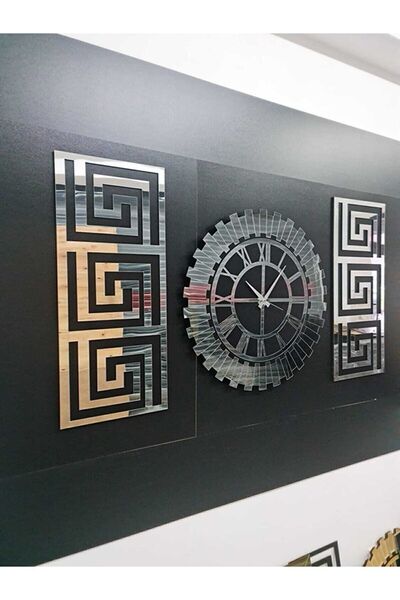 EYKA STORE Dekoratif 3 Lü Set Pleksi Gümüş Aynalı Şık Duvar Saati Ve Dekoru