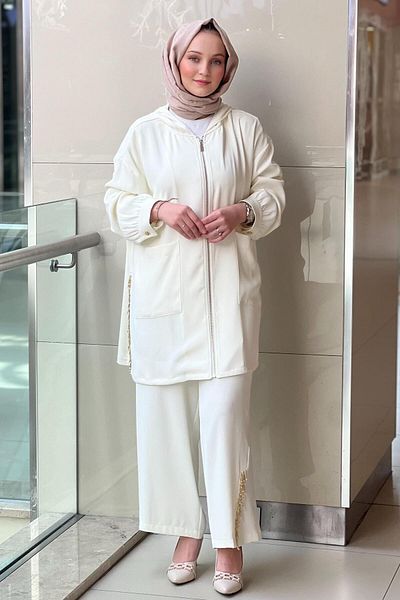 Ghisa Hooded Suit with Stick Bead Embroidery on Sides and Legs