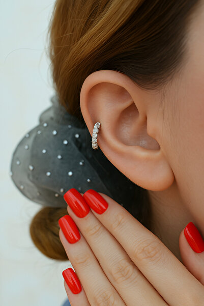 Sacce Scarves&Accessories Gümüş Renk Zirkon Taşlı Halka Helix Kıkırdak Küpesi