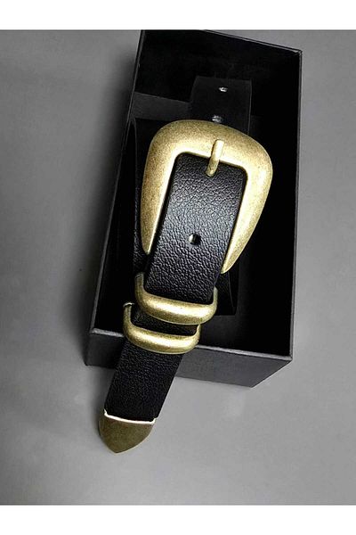 Kemerix 100% Genuine Leather Antique Coated Suit Buckle Black-Tan-Angle Brown 3-Piece Belt Set