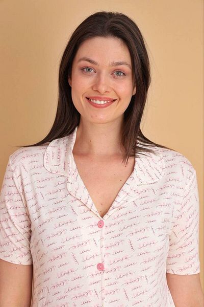 şuranur Bamboo Love Patterned Shirt Collar Buttoned Organic Pajama Set