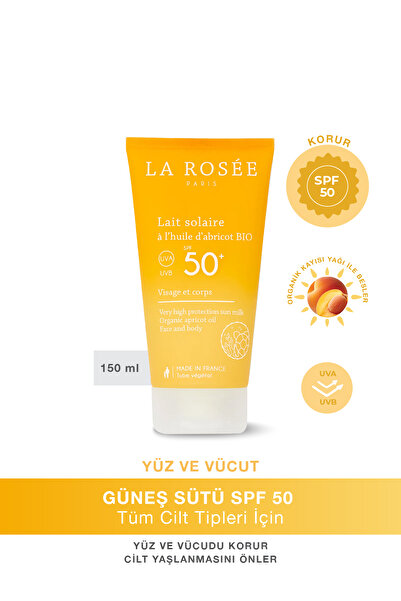 La Rosee Paris ÇOK YÜKSEK KORUMA SAĞLAYAN GÜNEŞ KORUYUCU SÜT Organik Kayısı Yağı İçeren SPF 50+ 150 Ml
