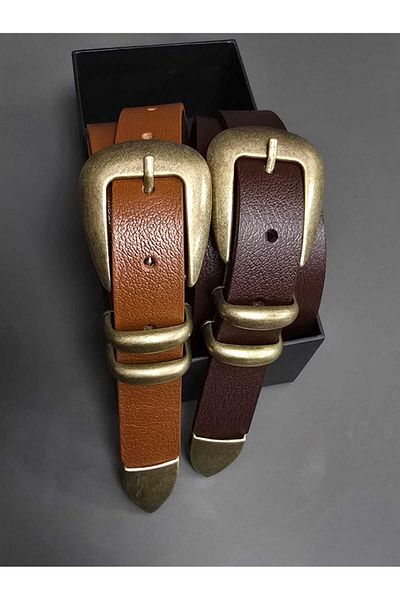 Kemerix 100% Genuine Leather Antique Coated Tool Buckle Tan-Angle Brown 2-Piece Belt Set