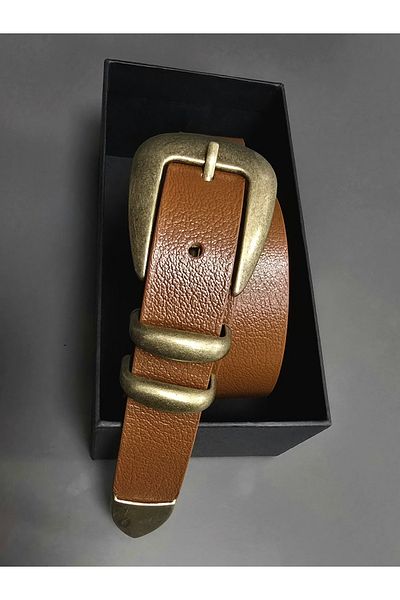 Kemerix 100% Genuine Leather Antique Coated Tool Buckle Tan-Angle Brown 2-Piece Belt Set