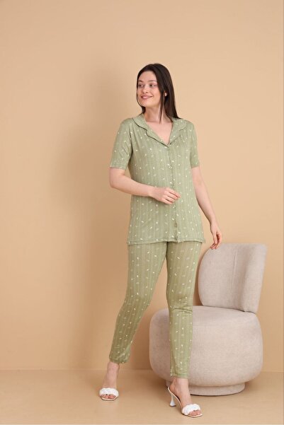 şuranur Set de pijamale cu model de bambus organic cu nasturi cu guler de cămașă