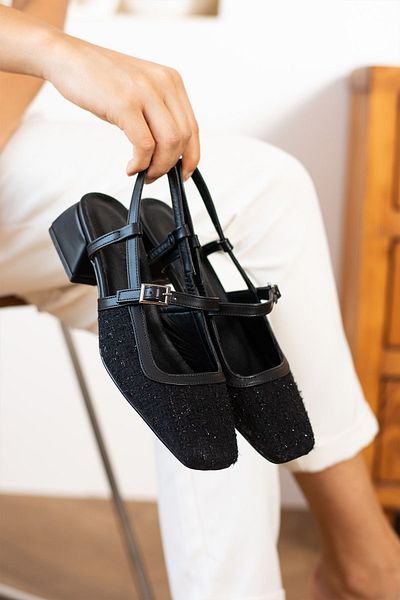 Everest Black Tweed Fabric Blunt Toe Women's Heeled Ballerina Shoes Heel Height 3cm