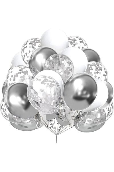 BALON DİYARI Confetti Balloons Pack of 30 Chrome Silver Transparent Balloon Luxury Balloon