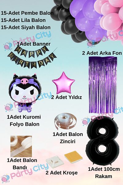 Party City 8 Years Old Kuromi Foil Balloon Themed Full Balloon Set - Starry - Backdrop Birthday Celebration Balloon Set