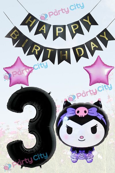 Party City Kuromi Themed 3 Year Birthday Foil Balloon Set
