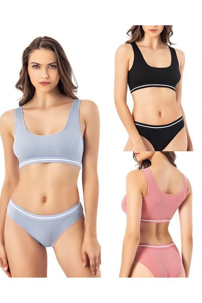 LEYNA BUTİK Camisole 3-Piece Blue, Black, Rose Dried Removable Padded Bustier and Bikinis Top and Bottom Set