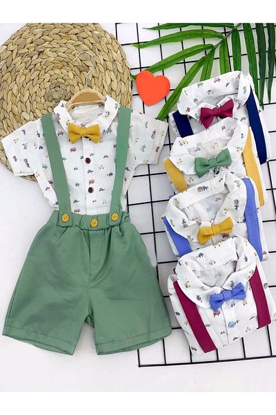 Marsilyan 9-12-18-24 Months Cotton Linen Pocketed Striped 2-Piece Baby Boy Salopet Set
