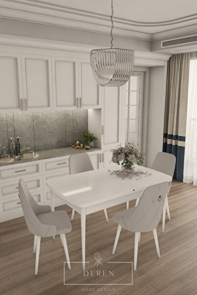 DEREN HOME Fier Serisi Mutfak ve Salon Yemek Masası Takımı + 4 Adet Açık Gri ...
