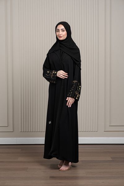 LAVİNİA Lavinia women abaya for special occasions, with 8-inch sleeves and gold-black bead accents.