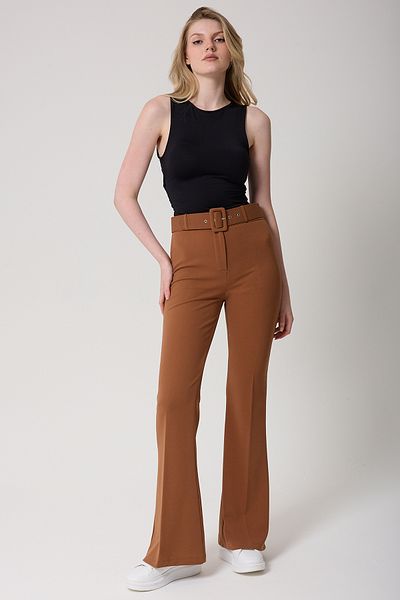 freemen Women's Tan Belted High Waist Flared Trousers