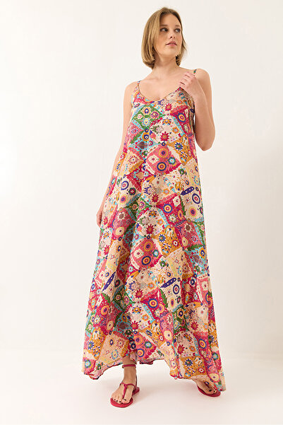 Bianco Lucci Women's V-Neck Thin Strap Print Lined Summer Long Dress 5991 60281030