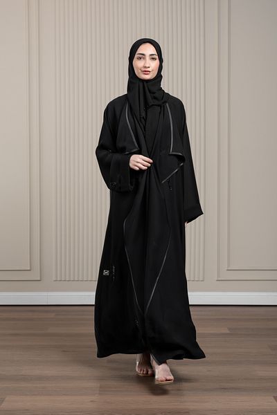 LAVİNİA Lavinia women abaya, handmade with black beads, satin trim, and 2-inch folded sleeves, wrap-style.