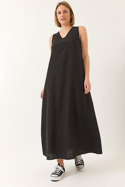 Bianco Lucci Rochie lungă de in pentru femei, cu decolteu în V, cu bretele groase 442 60283172