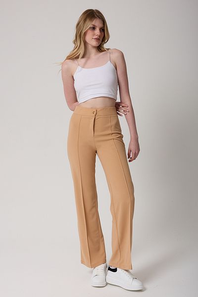 freemen Women's High Waist Beige Gathered Flared Palazzo Trousers