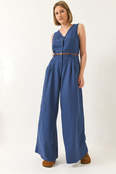Bianco Lucci Women's V-Neck Knitted Linen Jumpsuit with Belted Pockets and Lo...
