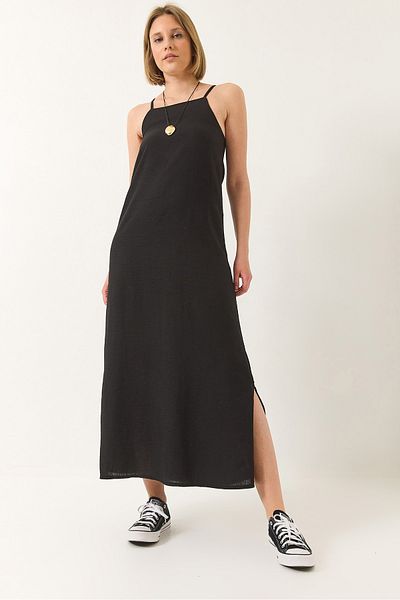 Bianco Lucci Women's Strappy Slit Detailed Long Linen Dress 439 60283174