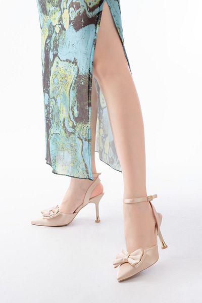 İnfon Ayakkabı Marketi High Heels Inf-4505 Beige Satin Daily Open Back Ribbon Detailed High Heels