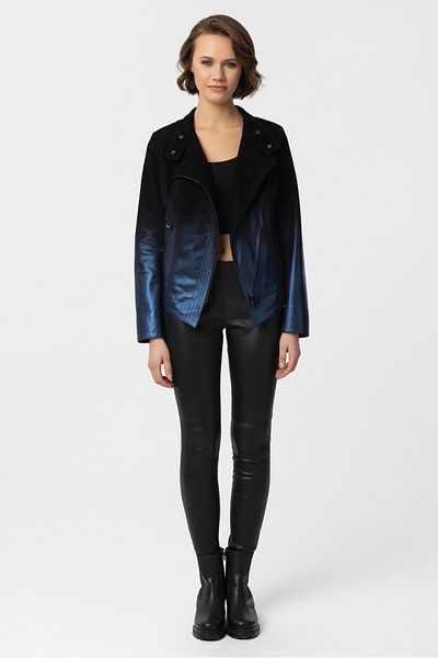 Deriderim Black Navy Blue Gradient Zippered Lined Bele Otuan Wide Cut Xenia Women's Genuine Suede Jacket