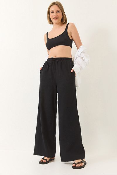 Bianco Lucci Women's Elastic Waist Tie Detailed Pocket Linen Wide Jogger Pants 3235 60281035