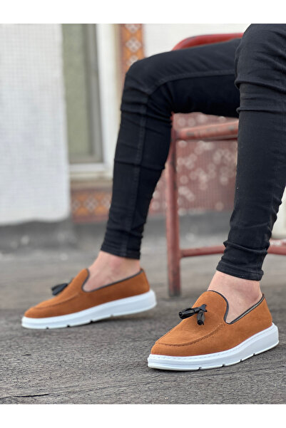 TUGERDİ Tugerdi Laceless High Sole Tan Classic Tasseled Suede Style Men's Sho...