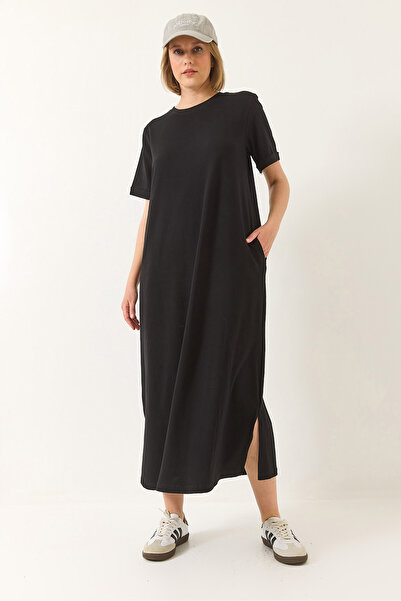 Bianco Lucci Γυναικείο μακρύ βασικό φόρεμα με λαιμόκοψη με κοντό μανίκι με λεπτομέρεια τσέπης 60283192