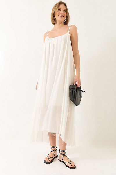 Bianco Lucci Women's Thin Strap Loose Lined Cotton Summer Long Linen Dress 5971 60281031