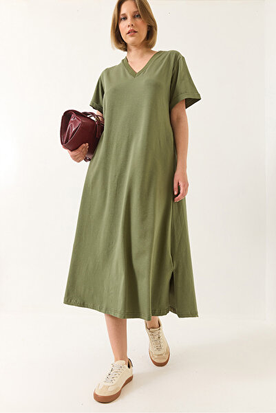 Bianco Lucci Women's V Neck Short Sleeve Pocket Detailed Long Basic Dress 60283193