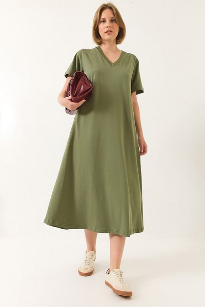 Bianco Lucci Women's V Neck Short Sleeve Pocket Detailed Long Basic Dress 60283193